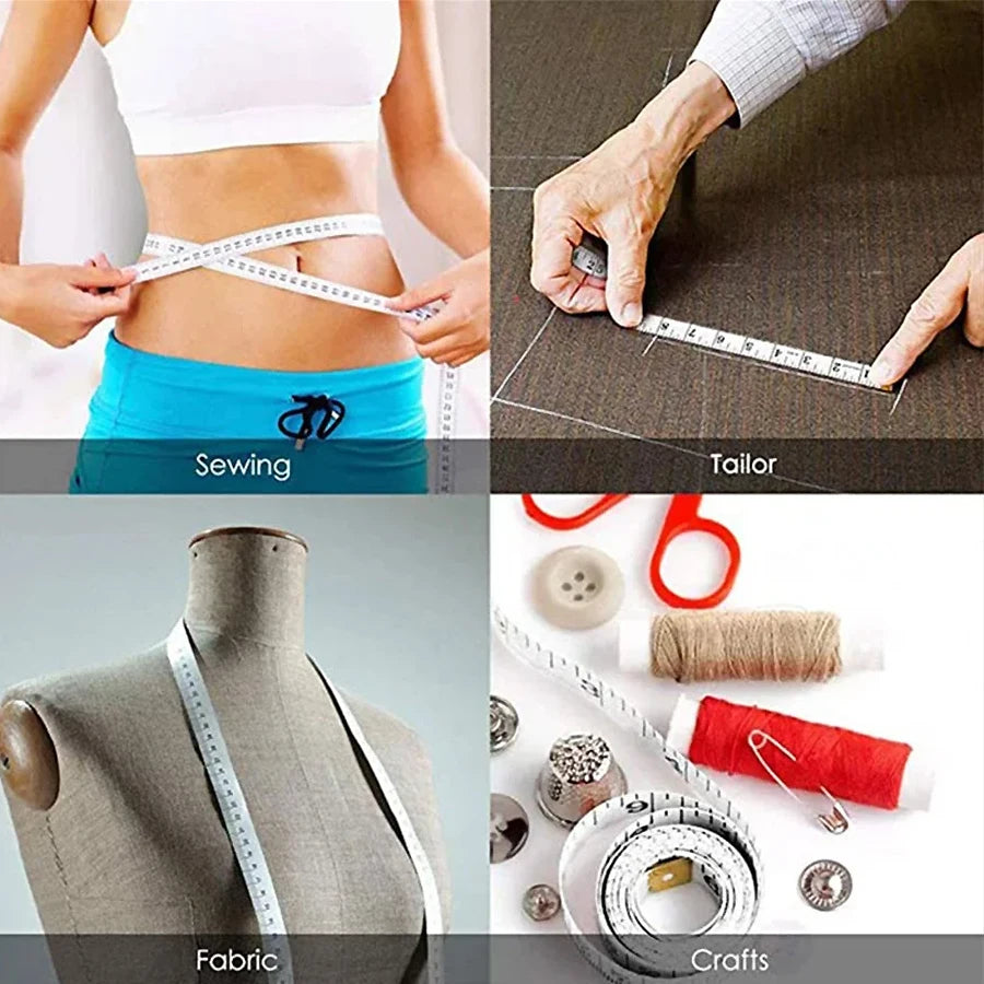 A collection of tools including a measuring tape, fabric, and sewing items used for tailoring and crafts.