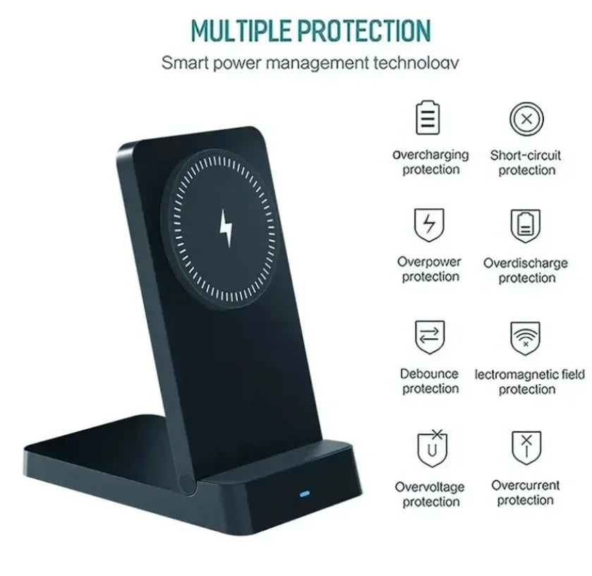 A black magnetic foldable wireless charging stand with multiple protection features displayed on the side.