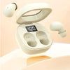 A white mini Bluetooth earphone case is shown open, revealing two earbuds and a digital display.