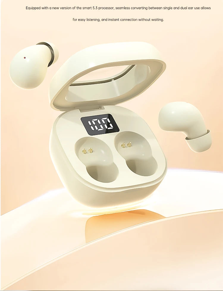 A white mini Bluetooth earphone case is shown open, revealing two earbuds and a digital display.