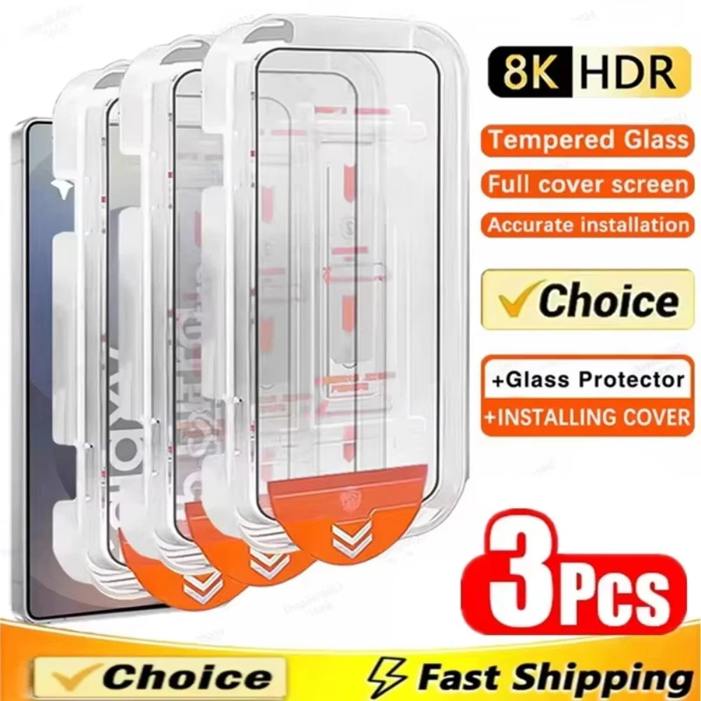 3-pack of 8K HDR tempered glass screen protectors for iPhone models with installation covers