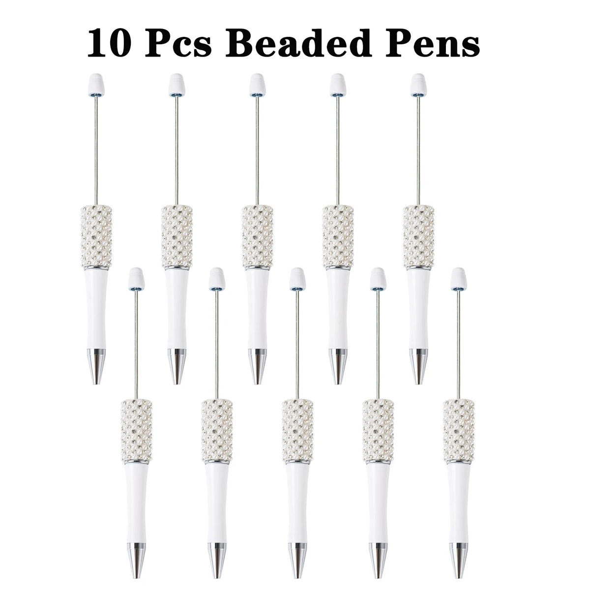 Ten pieces of beaded ballpoint pens shown vertically in a row.