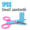 One piece small sawtooth craft scissors in pink and blue.