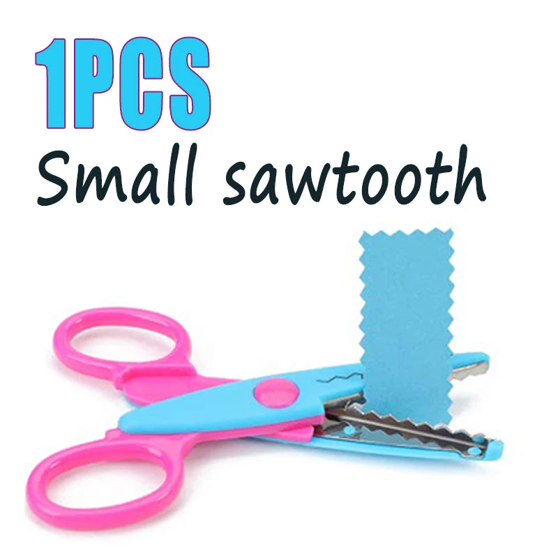 One piece small sawtooth craft scissors in pink and blue.