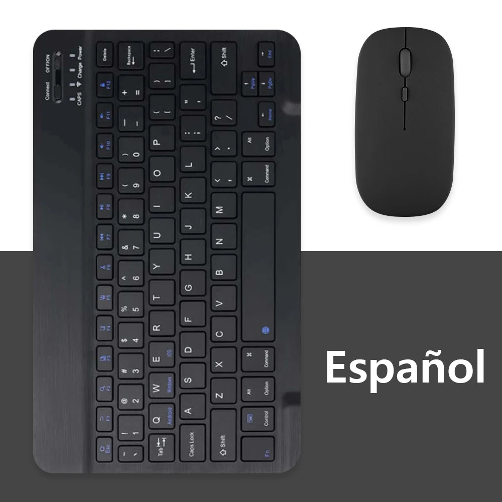 Combinaison clavier et souris Bluetooth universels noirs, format complet, avec une souris séparée.