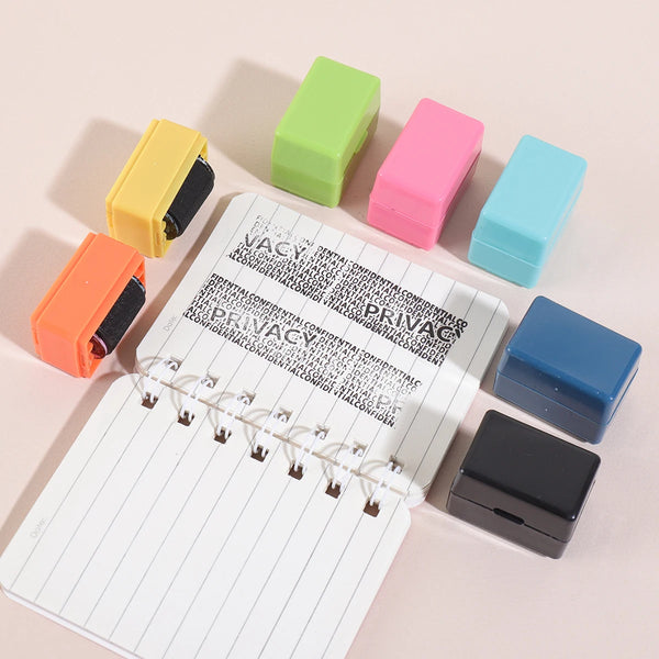 A collection of colorful privacy protection roller stamps in various shades including yellow, green, pink, and blue, arranged