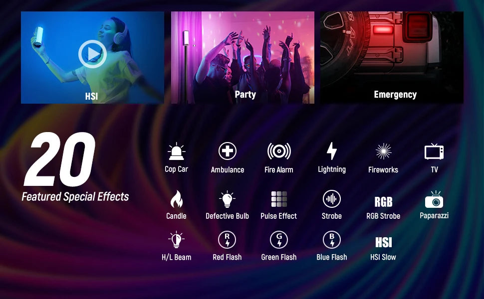 A screen displaying 20 featured special effects including HSI, Party, Emergency, Candle, and various flash effects.