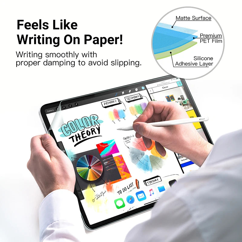 A hand writes on an iPad screen protected by a matte PET film, demonstrating smooth writing with proper damping.