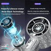 A close-up view of a black handheld cooling fan demonstrating silent motor technology and strong AI polymer energy.