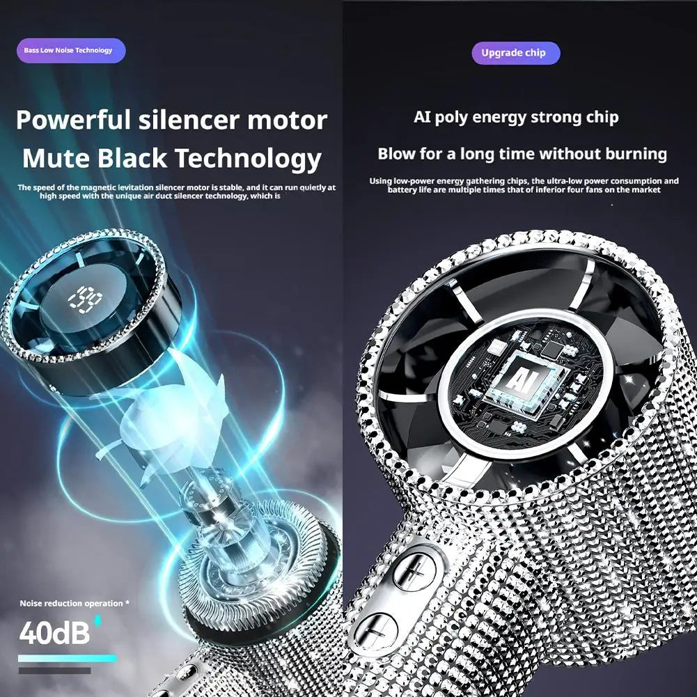 A close-up view of a black handheld cooling fan demonstrating silent motor technology and strong AI polymer energy.