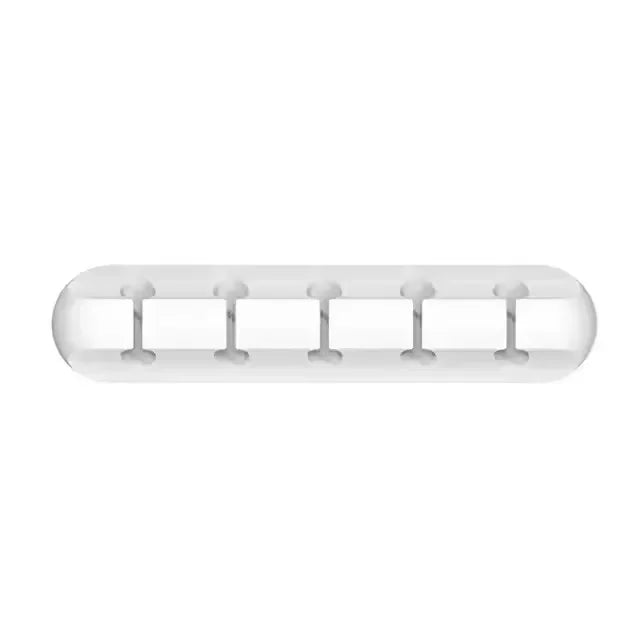 A clear silicone cable organizer and winder set with multiple slots for managing cables.