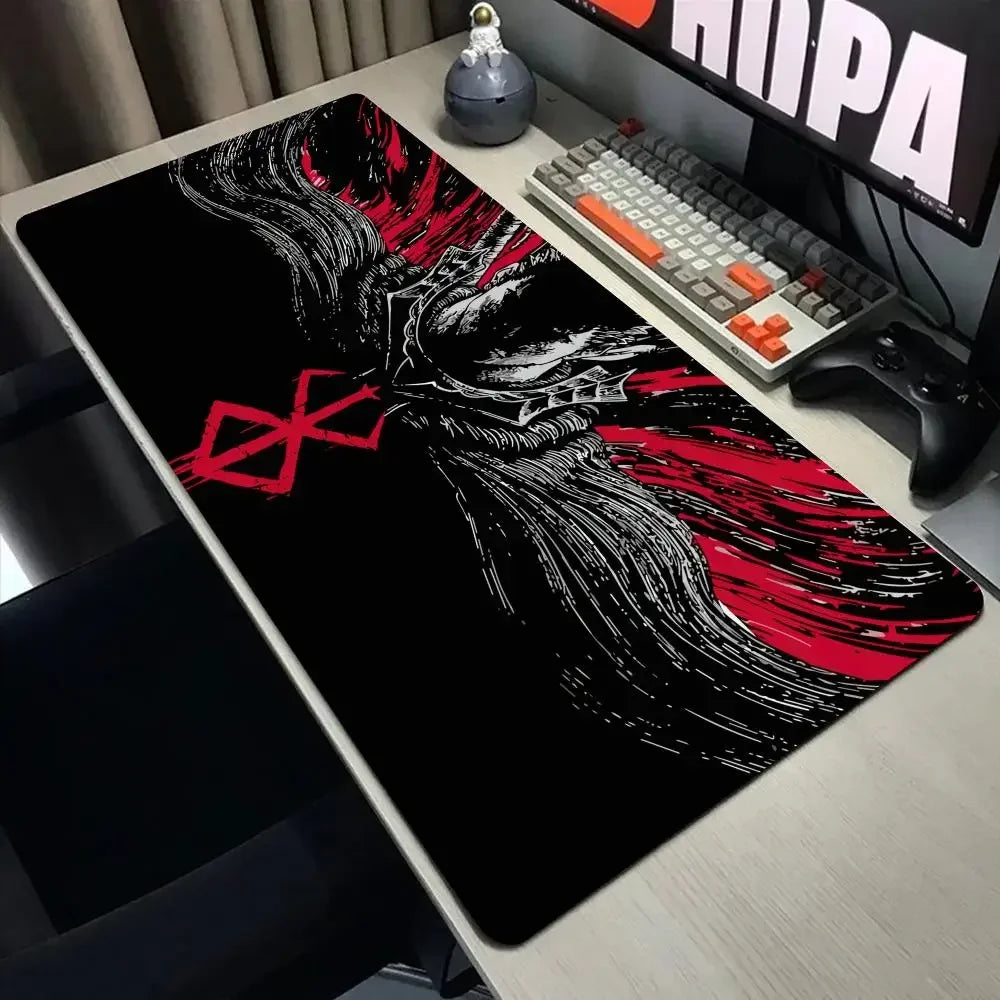 A black mouse pad featuring a stylized white and red design inspired by the Berserk anime, placed on a desk next to a mechani