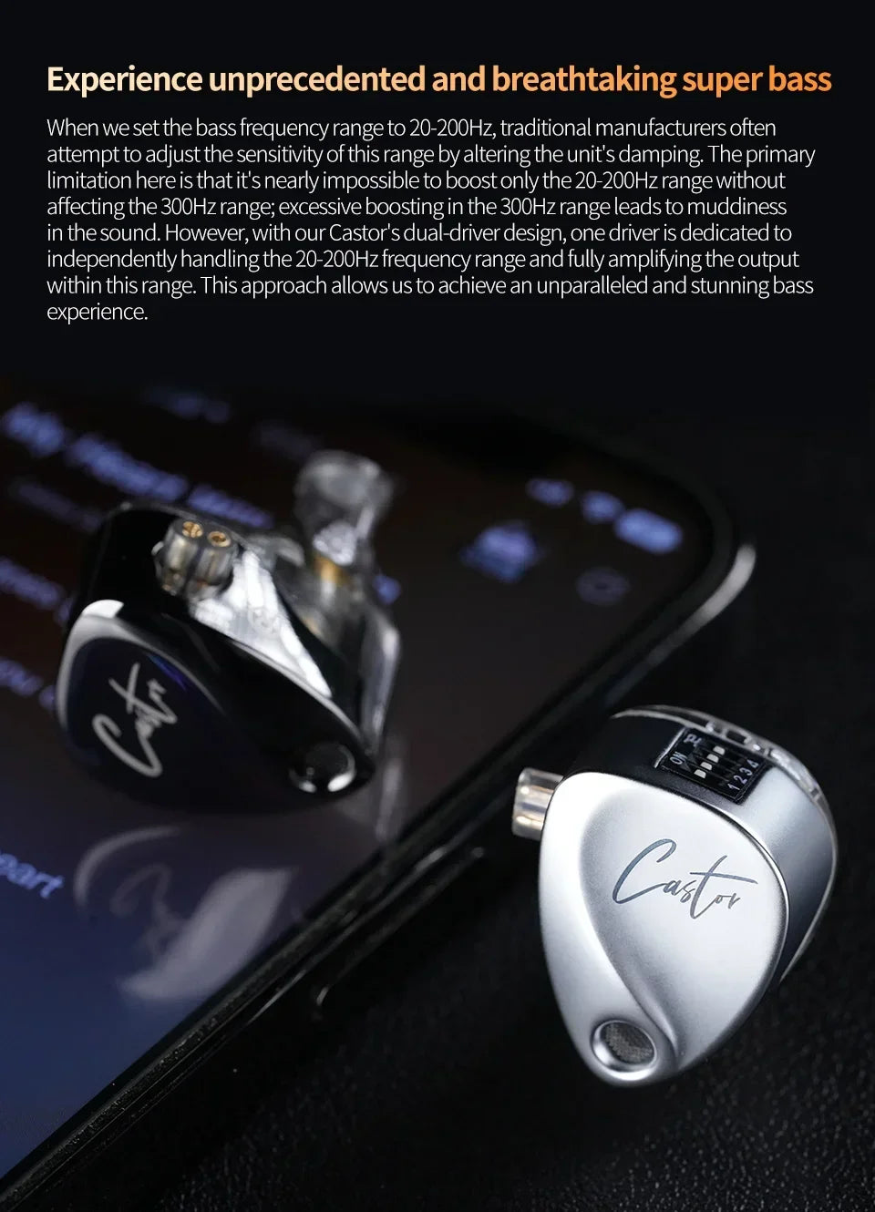 A pair of silver KZ Castor earphones resting on a dark smartphone screen.