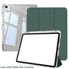 A clear protective case for an iPad Air shown alongside a matching dark green folio cover.
