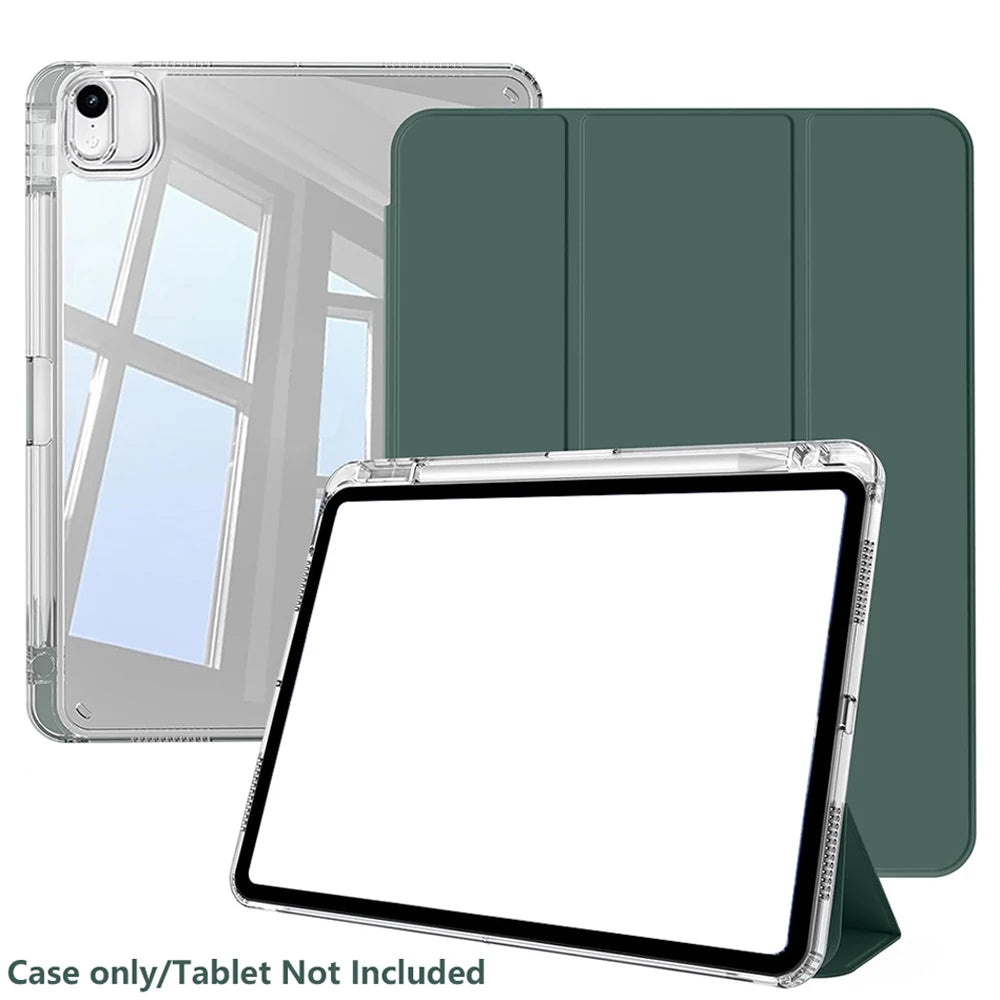 A clear protective case for an iPad Air shown alongside a matching dark green folio cover.