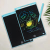 A portable blue LCD drawing tablet with a black screen showing a 'Good luck' space theme.