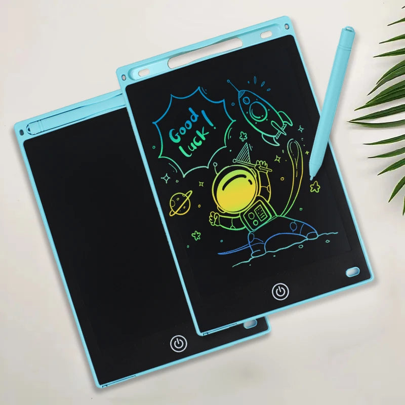 A portable blue LCD drawing tablet with a black screen showing a 'Good luck' space theme.
