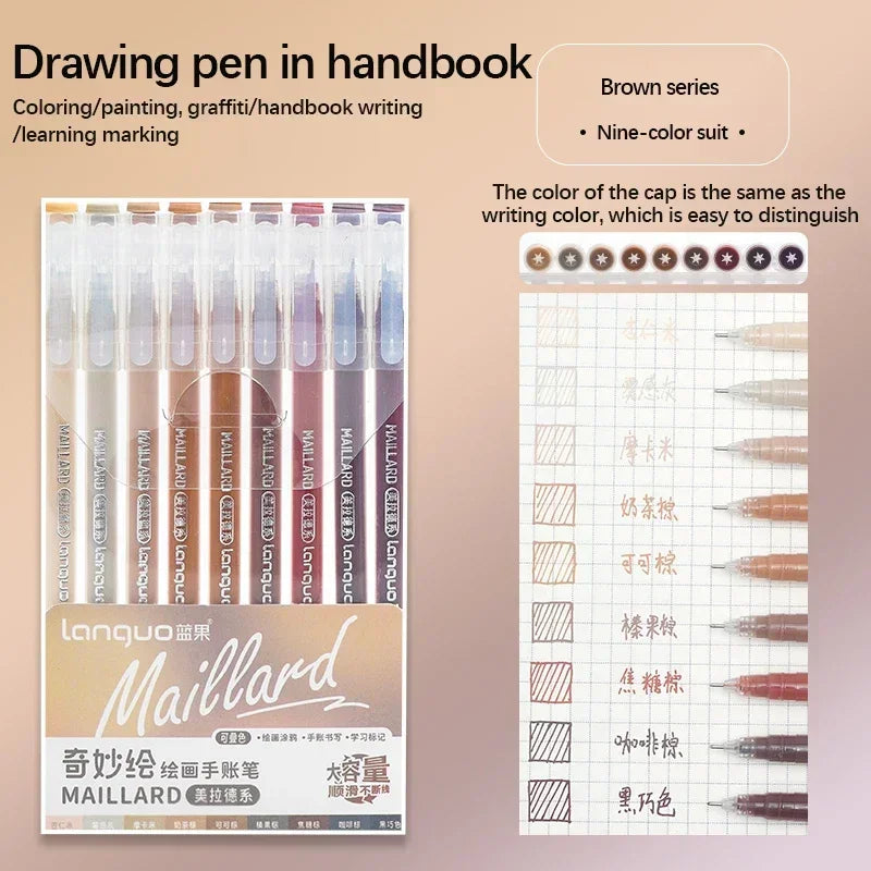 A set of brown writing pens in a handbook packaging with a grid showing color variations.