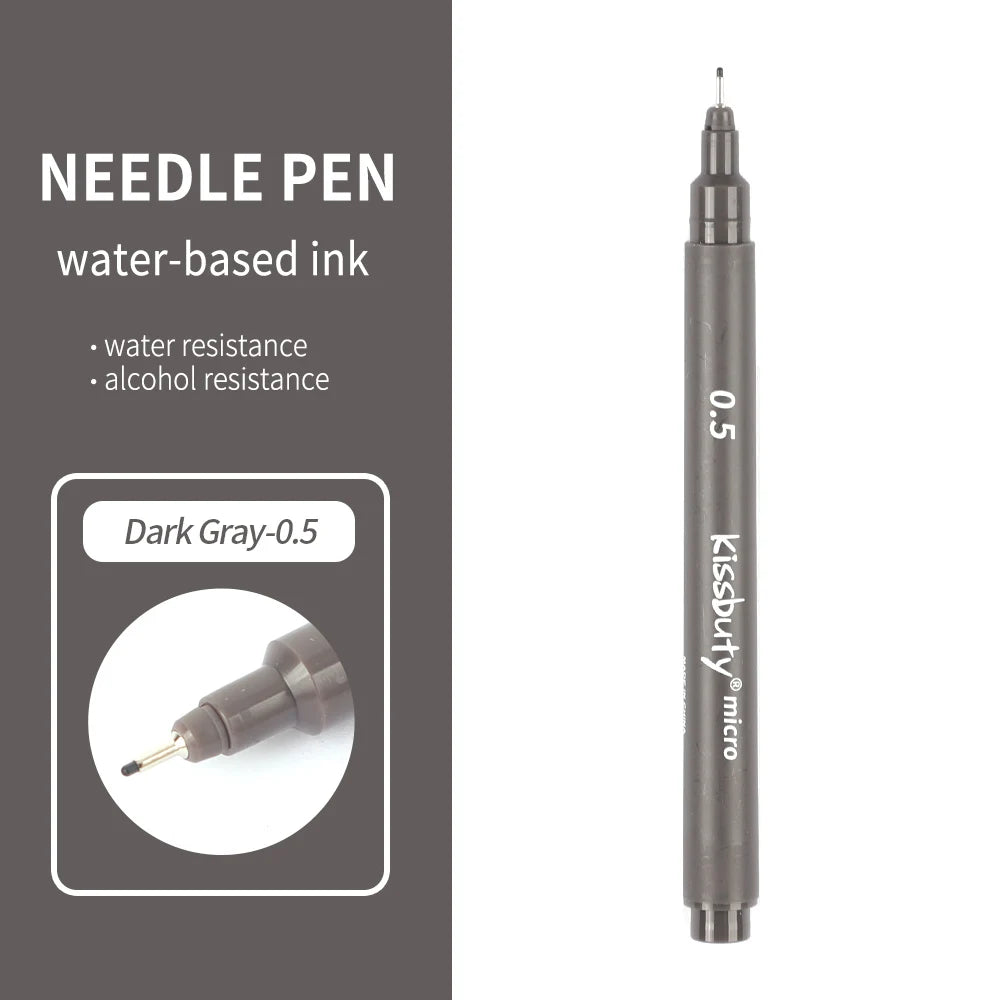 A dark gray needle pen with a black cap and a gold tip, shown vertically.