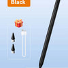 Schwarzes Präzisions-Tilt-Sensorstift neben einer Geschenkbox und Ladekabel auf weißer Oberfläche.