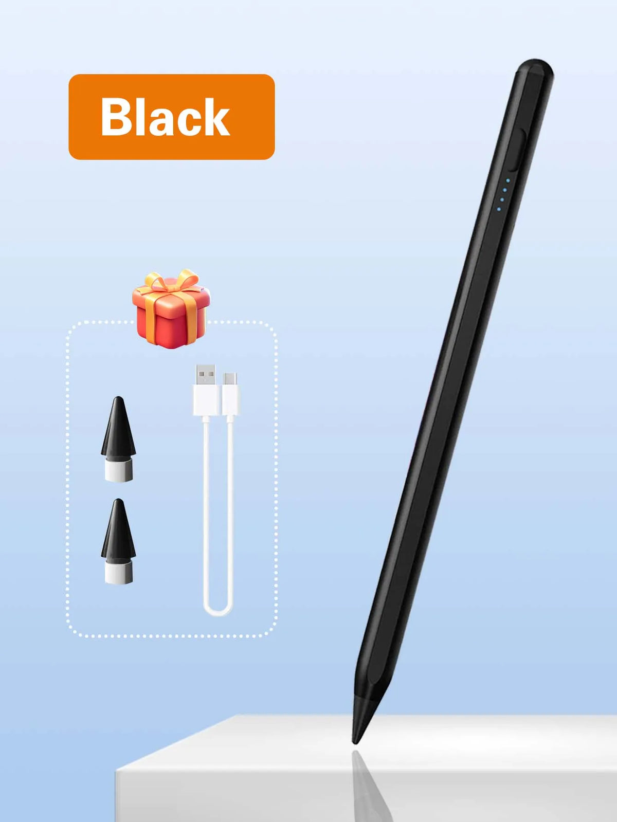 Schwarzes Präzisions-Tilt-Sensorstift neben einer Geschenkbox und Ladekabel auf weißer Oberfläche.