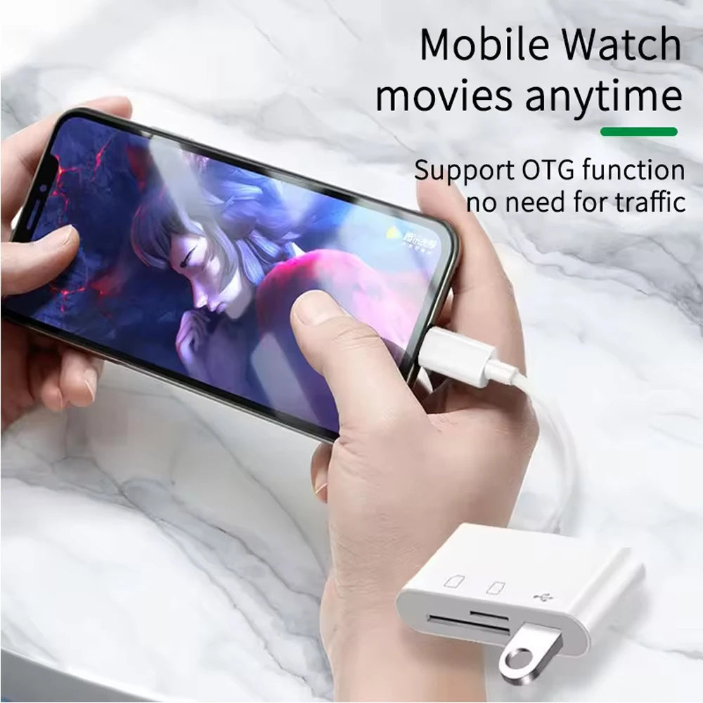 Hands connect a mobile watch to a smartphone using an OTG adapter for media playback.