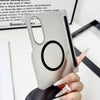 A hand holds a silver Samsung Galaxy Z Fold case with a magnetic hinge protection feature.