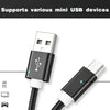 A black braided mini USB to USB charging and data sync cable is shown with various device icons.
