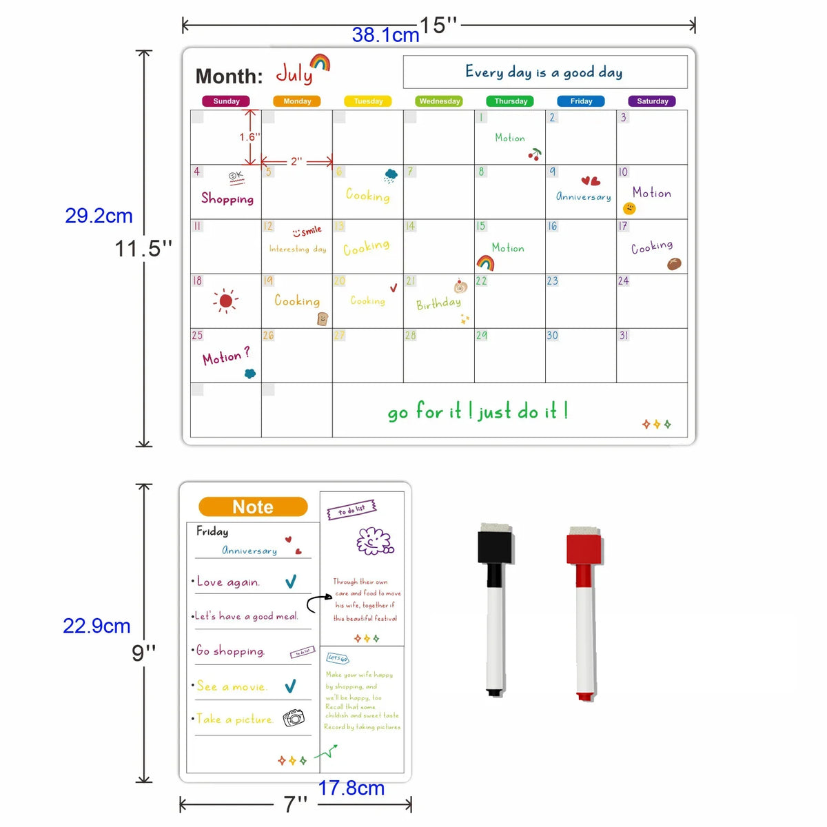 A magnetic dry erase planner board with a July calendar and a note section, measuring 38.1cm by 29.2cm.