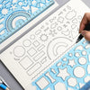 A hand draws geometric shapes and patterns on a spiral notebook using a clear plastic ruler set.