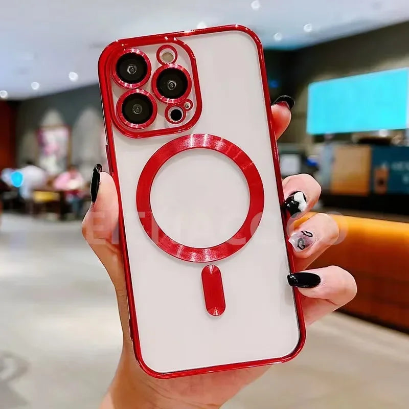 Rotes magnetisches kabelloses Handyhülle für iPhone mit Kamera-Schutz und kreisförmigem Ausschnitt.
