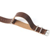 A brown PU leather watch strap with a silver buckle is shown in a close-up view.