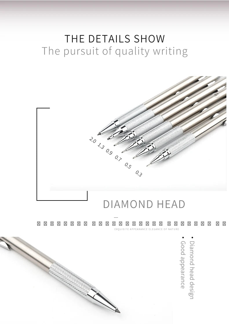 A close-up view of a precision mechanical pencil set showing various diamond head sizes.