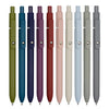 A row of fine point gel pens in various colors including olive green, teal, purple, red, pink, beige, and gray.