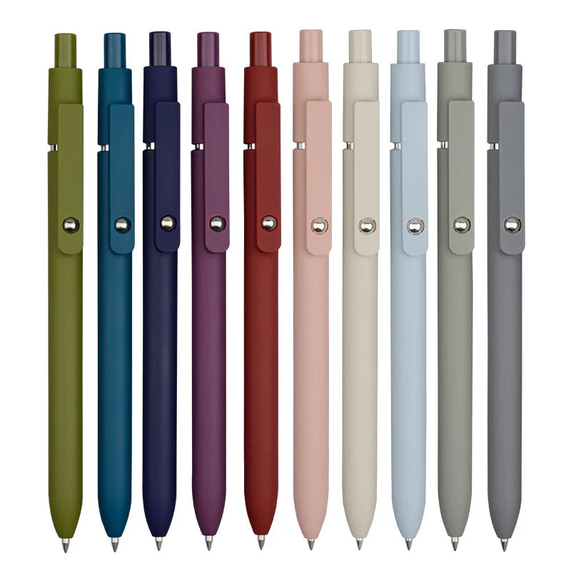 A row of fine point gel pens in various colors including olive green, teal, purple, red, pink, beige, and gray.
