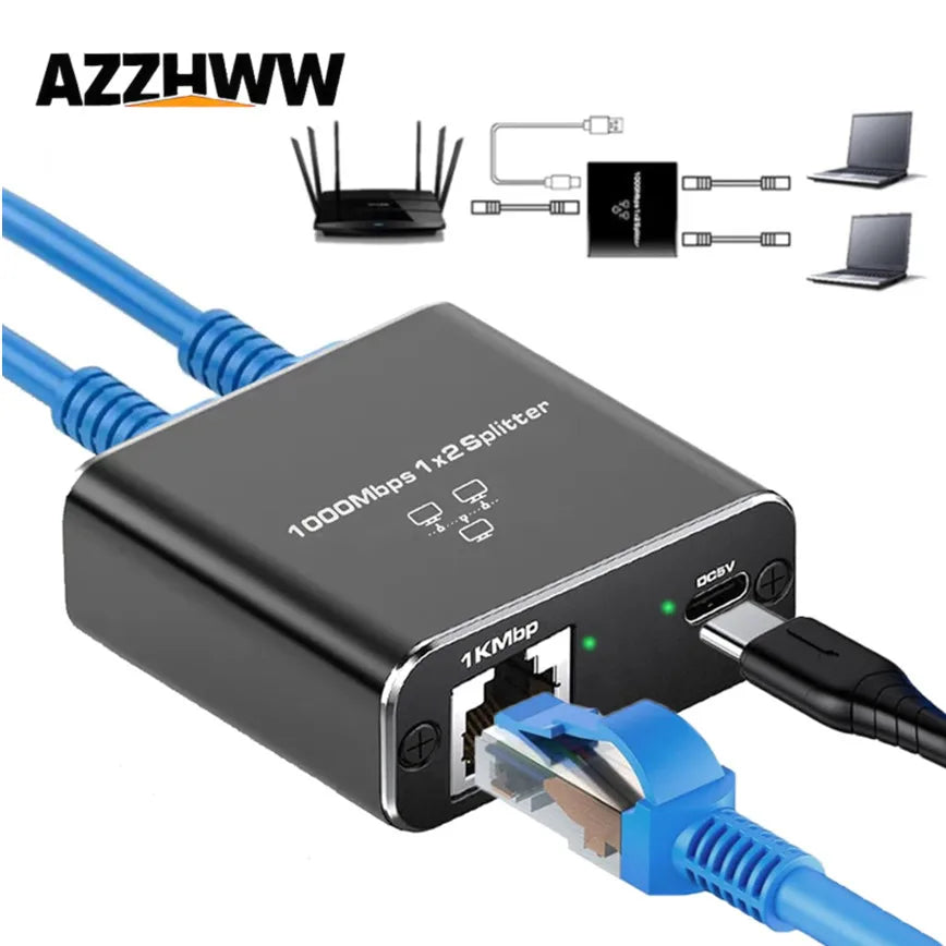 Divisor de 1000Mbps 1x2 negro con conector de cable azul y puertos Ethernet