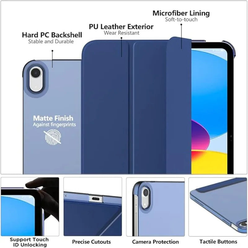 A blue protective case for an iPad, showing features like a microfiber lining, hard backshell, precise cutouts, camera protec