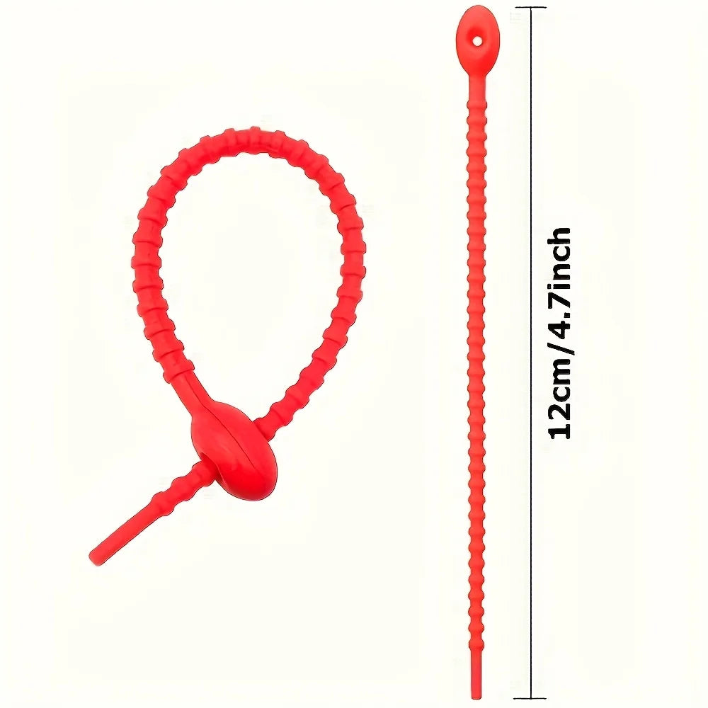 Red silicone cable organizer with a zipper closure, shown next to its length measurement.
