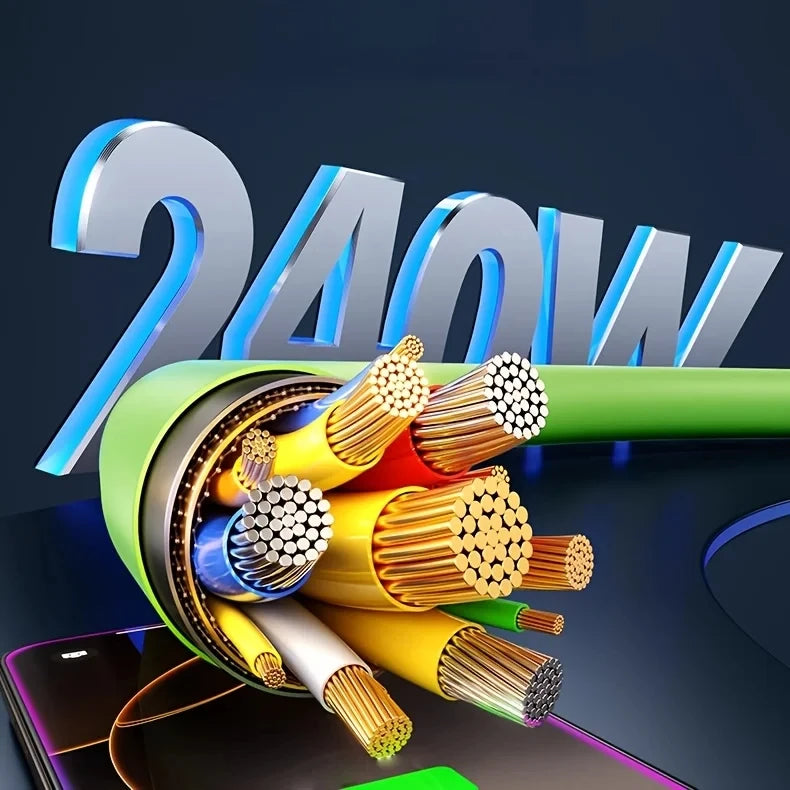 A close-up of a high-speed 240W fast charging cable with multiple gold and silver connectors shown against a dark background.