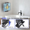 A black tablet wall mount stand with foldable feet shown in various angles for easy cell phone charging and travel.