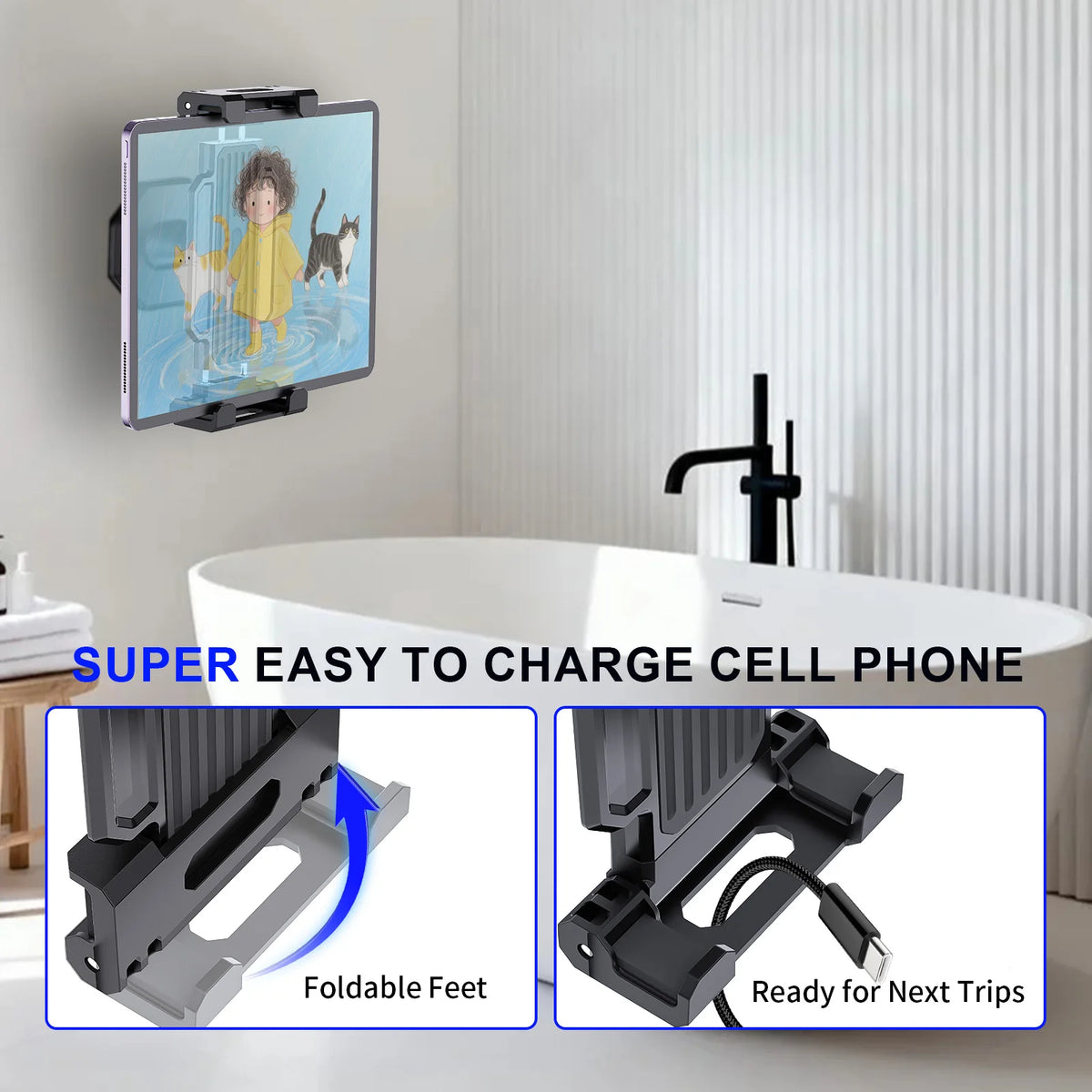 A black tablet wall mount stand with foldable feet shown in various angles for easy cell phone charging and travel.