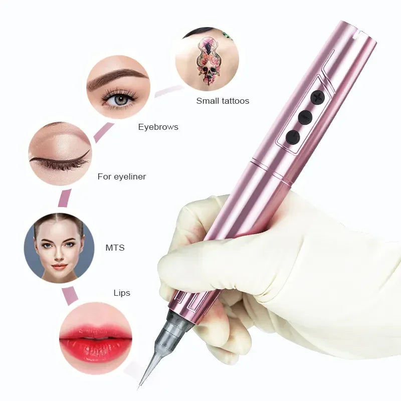 Pluma eléctrica rosa para maquillaje permanente, mostrando ejemplos de cejas, delineador, MTS y labios