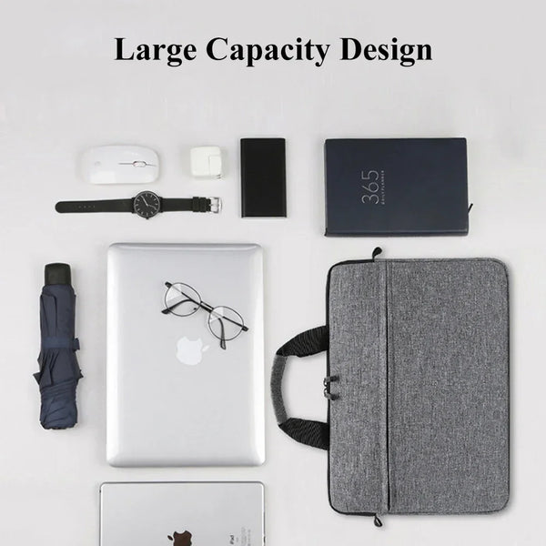 A large capacity design featuring a laptop, tablet, mouse, and accessories displayed on a white background.