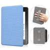 A blue silicone case and a gray leather case for a Kindle Paperwhite device.