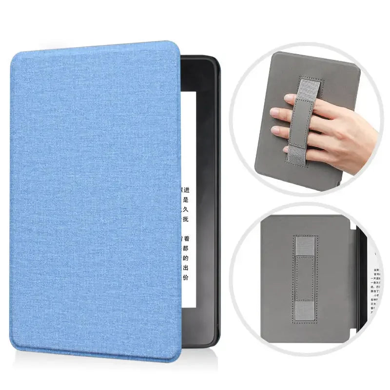 A blue silicone case and a gray leather case for a Kindle Paperwhite device.