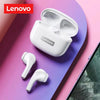 White Lenovo LP5 True Wireless Earbuds with charging case shown on a pink background.