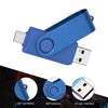 A blue flash drive with a metal body showing gift keyring, 360 rotation, and a 2.0 USB interface.
