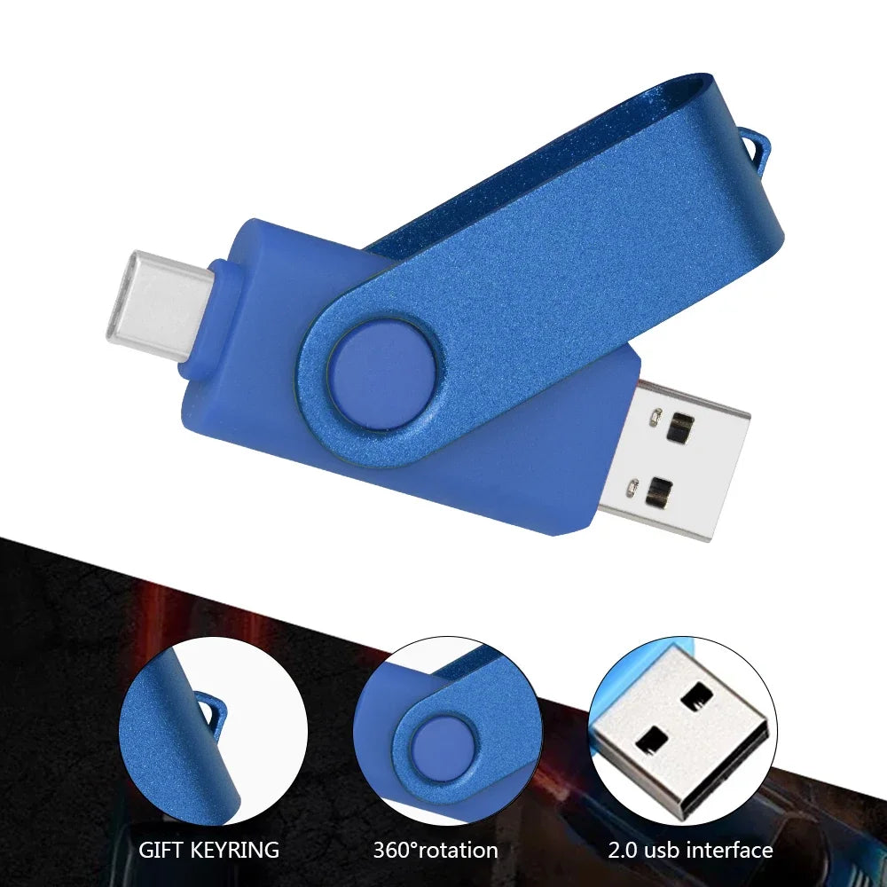 A blue flash drive with a metal body showing gift keyring, 360 rotation, and a 2.0 USB interface.