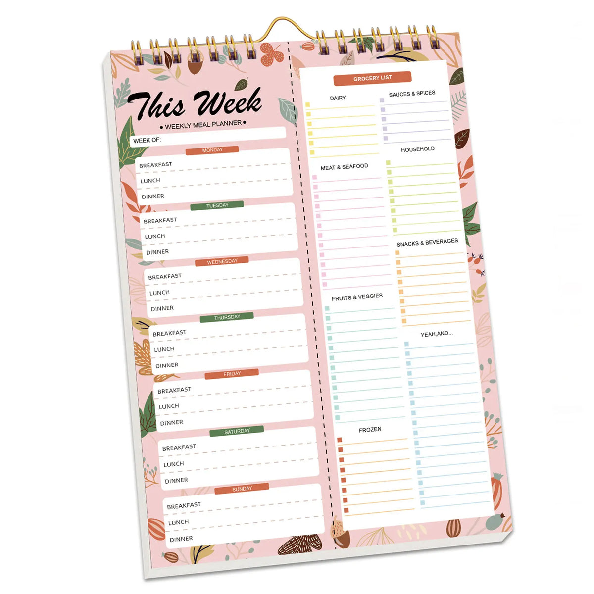 A pink weekly meal planner and grocery list pad with sections for daily meals and shopping lists.