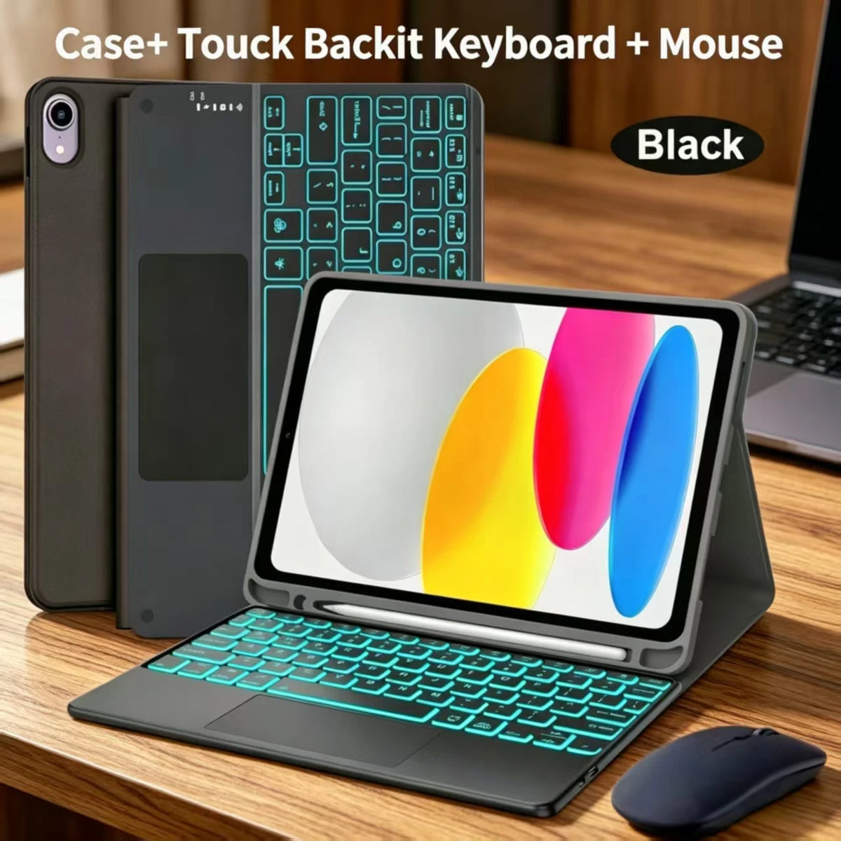 A black universal Bluetooth keyboard case and mouse shown next to an iPad and a laptop.